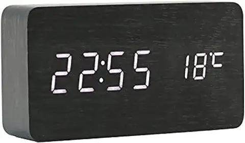 ThreeH Despertador Reloj Escritorio Pantalla LED Reloj Alarma Madera Despertador Reloj con Ajuste Automático Brillo para Oficina Dormitorio AC11Black_White  