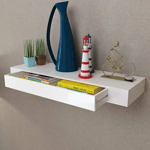 Tidyard Estante Flotante Estantería de Pared con 1 Cajón Baldas Flotantes,Librerías de Salón Decoración del Hogar MDF Blanco 80 x 25 x 8 Cm,Sistema de Montaje Invisible  