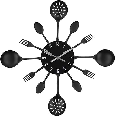 Timelike Reloj de Pared, 16 Pulgadas de Metal para Utensilios de Cocina, Cuchara, Tenedor, Reloj de Pared, Creativo, Moderno, Decoración del Hogar, Reloj de Pared de Estilo Antiguo (negro)  