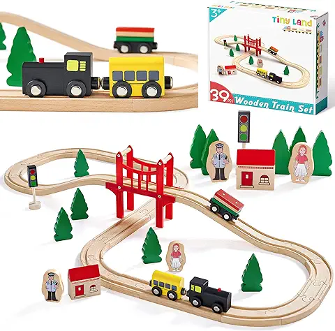 Tiny Land Tren Juguete, 39Pcs Trenes de Juguetes para Niños con Pistas de Madera, Adapta a Thomas Adapta a Brio, Intercambiable y Expandible, Kit de Ferrocarril de Juguete Empaquetado de Regalo  