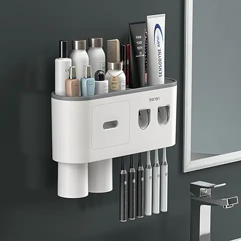 Tkekruh Cepillo De Dientes Montado En La Pared,Automatic Toothpaste Dispenser,Dispensador Automático De Pasta De Dientes,Porta Cepillo De Dientes,6 Ranuras para Cepillo De Dientes,2 Tazas Magnéticas  