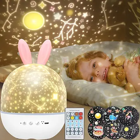 TKMARS Lámpara Proyector Infantil Proyector Bebes Luces Y Musica Proyector de luz Estrellas 6 Modos Romántica luz de la Noche, 8 Música Luz Nocturna Perfecto Regalo para Bebés  