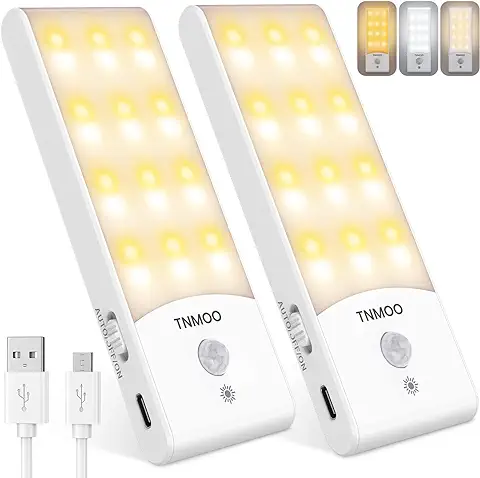 TNMOO Luz Armario Sensor Movimiento, [2 PCs con 48LED] Luz Nocturna Recargable, Luces LED con Sensor Movimiento con 3 Modoes, 15%-100% Brillo, Luces para Armario, Cocina, Escaleras, Pasillo, Garaje  