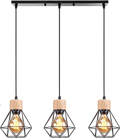 TOKIUS 3 Luces Lámpara Colgante Vintage 16CM Retro Lámparas de Techo Diseño de Jaula Negro Luz Colgante en Madera Hierro E27 Iluminación de Techo de Interior para Comedor Cocina (Araña 3 Luces B)  