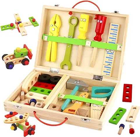 TONZE Caja Herramientas Juguetes Niños 3 4 5 6 Años Juguetes Madera Juegos Educativos Regalo Niños Niñas 3 4 5 Años Bricolaje Construcciones Juguete Manualidades Maletin Herramientas (34 Piezas)  