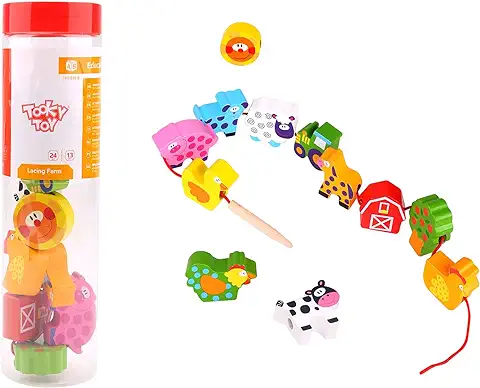 Tooky Toy Granjita para Enhebrar Juguete De Madera Colorido Educativo y Creativo con 12 Figuras para Estimular la Creatividad y las Habilidades Motoras Finas Para Niños y Niñas +12 Meses  