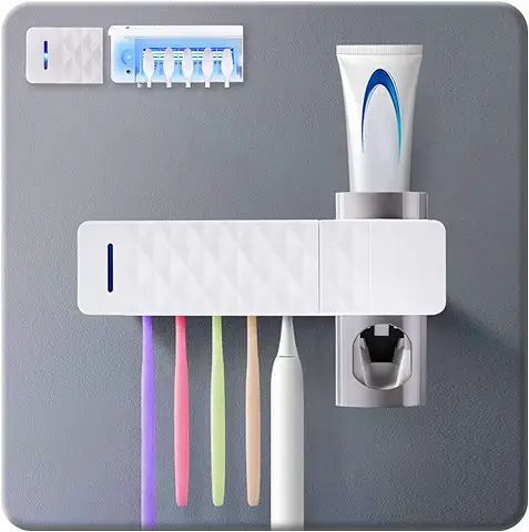 TopHGC Esterilizador de Cepillo de Dientes, Soporte para Cepillo de Dientes Eléctrico Esterilización UV Secado Montado en la Pared Esterilizar con Dispensador de Pasta de Dientes (B)  