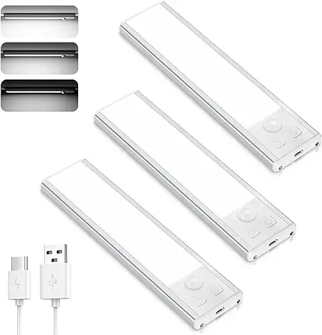 TOPPLEE Luz LED Armario, Luz Nocturna con Sensor Movimiento, 3 Piezas Regulable Lampara LED Adhesiva, USB Recargable LED Armario para Gabinete, Cocina, Escalera, Pasillo, Sótano, Garaje - Blanco Frio  