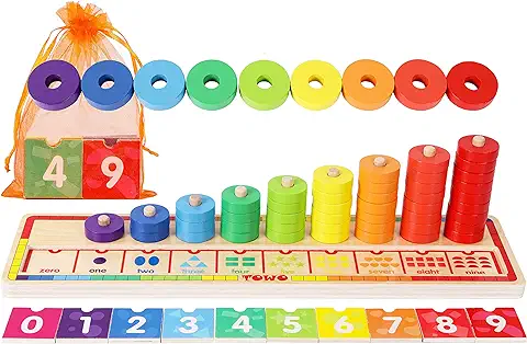 TOWO Anillos Apilables de Madera - Juego Educativo Apilador 45 Anillos para Aprender a Contar - Juguete Educativo de Matemáticas para Niños de 3 Años - Juegos Infantiles Educativos  