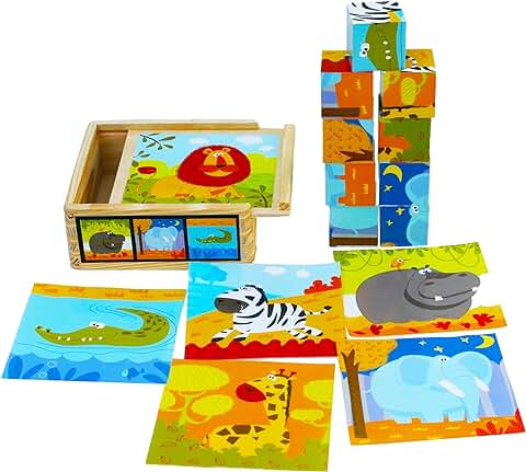 TOWO Bloques de Rompecabezas de Madera - 9 Piezas de Cubos de Animales en Caja de Madera - Puzzle Cubos para Niños - Juguetes Educativos 2 Años - Bloques Logicos Madera - Juguetes Niños 2 Años  