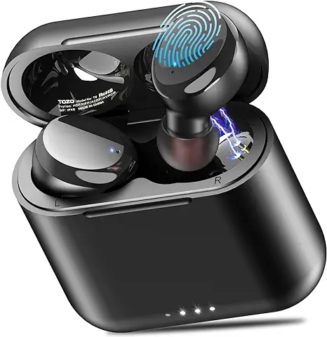 TOZO T6 Auriculares Inalámbricos, Auriculares Bluetooth 5.3 Control Táctil IPX8 Impermeable con Mics, 45H de Reproducción, Carga Inalambrica, Cascos Inalámbricos Bluetooth Graves Profundos, Negro  