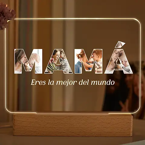 Transparent Gift Lámpara Personalizada Palabra Mamá Letras con Fotos y Frase. Regalo Día de la Madre, Regalo Cumpleaños Mujer. Ideas Regalos Originales para Mamá. Diseño en Placa Metacrilato con Luz  