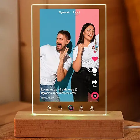 TRANSPARENT GIFT Lámpara Personalizada Tiktok con Foto. Regalos Originales para Amigos, Pareja, Amantes de las Redes Sociales. Diseño de Publicación de Tiktok de Metacrilato y Madera  