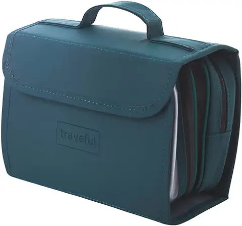 TRAVEFUL Neceser Maquillaje de Viaje Grande y Desplegable - Bolsa de Aseo Expandible con Gancho Colgante 360º para Hombre y Mujer - Organizador Makeup Impermeable (Verde)  