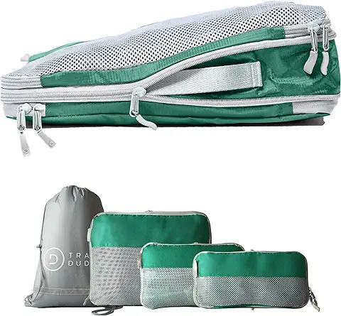 TRAVEL DUDE Organizador de Maletas con Bolsas de Compresión para Equipaje | De Botellas de Plástico Recicladas | Bolsas Organizadoras Maleta | Packing Cubes (Verde Oliva, 4 Piezas)  