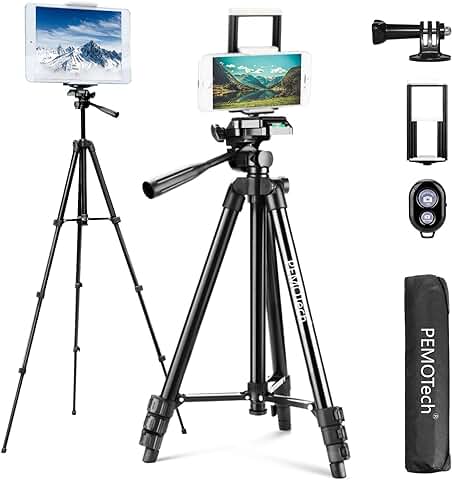 Tripode para Movil y Tableta, PEMOTech Trípode Cámara Ligera,Adaptador para Gopro,Soporte Tableta Móvil Trípode IPad/Cámara/GoPro,Remote Bluetooth,50''Soporte de Teléfono para IPhone/Samsung/Xiaomi  