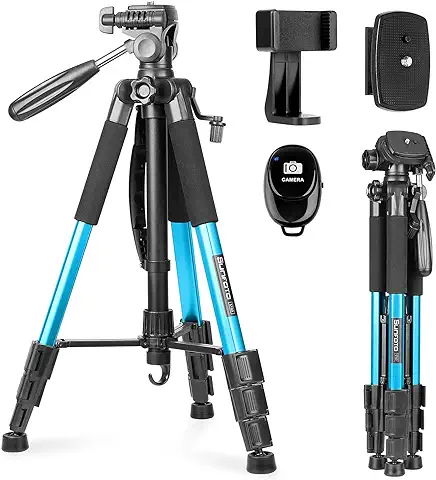 Trípode de Cámara, Sunfoto 160 Cm/63 Inches Trípode Ligero de Aluminio con Bluetooth, Soporte de Teléfono, Bolsa de Transporte para IPhone/Samsung/Huawei Cámara Digital DSLR Fotografía - Azul  