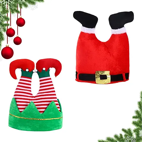 TSLBW Gorro de Papá Noel 2 Piezas, Gorros de Papá Noel Gorros de Duende Gorros de Navidad Unisex para Adultos y Niños Fiesta de Navidad Gorra Divertida Disfraces Celebraciones Accesorios  