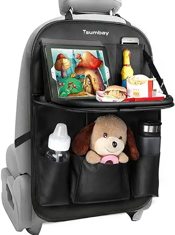 Tsumbay Organizador para Coche, Protector de Asiento para Coche Kick Mats con Comedor Poseedor Bandeja, Multi-Bolsillo de Almacenamiento de Coche para iPad Tablet Botella Bebida  