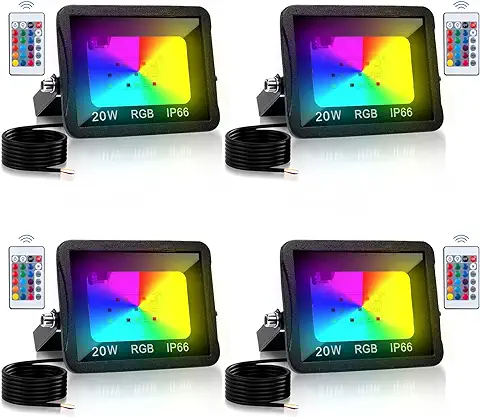 Tubiaz Foco LED Colores Exterior, 4pcs 20W RGB Proyector LED con Control Remoto, Impermeable IP66 16 Colores y 4 Modos Cambio de Color Luz de Seguridad, Función de Memoria(sin Enchufe)  