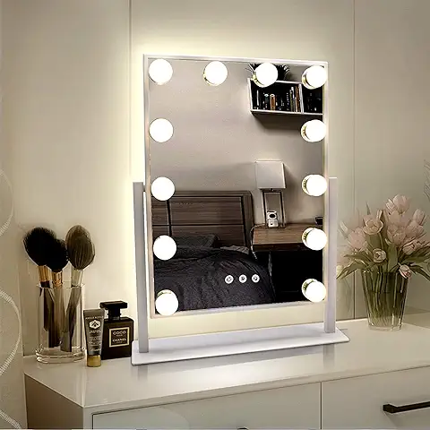 TUREWELL Hollywood Espejo Maquillaje con Luz, Espejo Tocador Lluminado Grande de 3 Colores y 12 Regulables LED Bombillas, Pantalla de Control Táctil y Rotación de 360 Grados (Blanco)  