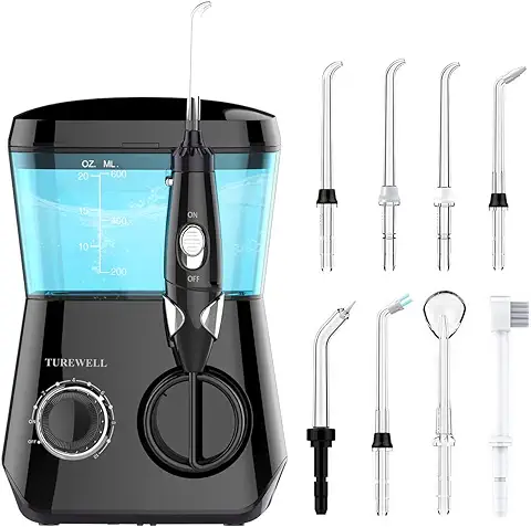 TUREWELL Irrigador Bucal de Cable Eléctrico, con 8 Boquillas Multifuncionales, Capacidad de 600ml, 10 Ajustes de Presión del Agua, Limpieza Dientes, Negro.  