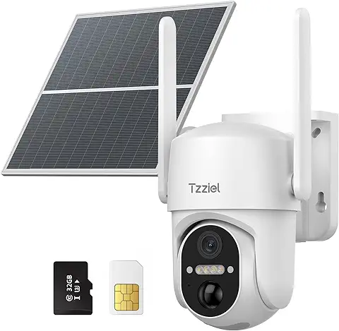 Tzziel 3G/4G LTE Camara Vigilancia Exterior Bateria Solar, 2K Camara Vigilancia con Visión Nocturna Color, Detección de Movimiento, Sirena, Audio Bidireccional, IP66, con Tarjeta 32GB y Tarjeta SIM  