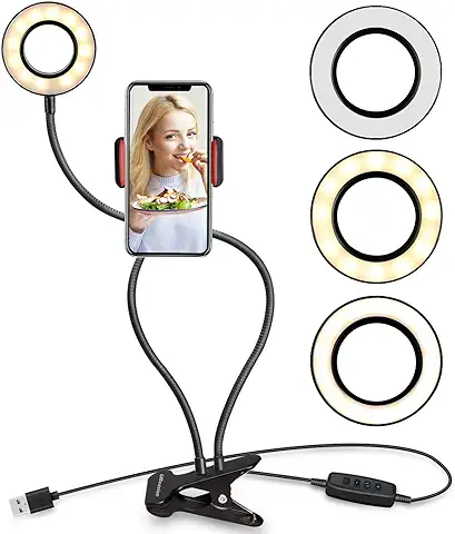 UBeesize Anillo de luz para Selfie con Clip, Brazos Flexibles con un Soporte para Teléfono Celular para Transmisiones en Vivo/maquillaje  