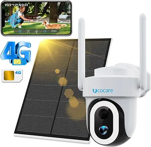 UCOCARE 4G/3G LTE Cámara Vigilancia Exterior con SIM, 4MP QHD Camara 4G Solar Sin Cable con Batería, PTZ 355°/95°, 30m Visión Nocturna Color, Detección Movimiento PIR, Audio Bidireccional, Alexa, IP67  