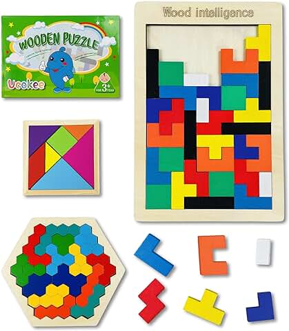 Ucokee 3 en 1 Puzzle de Madera, Juguetes Montessori Puzzle Infantil para Niños, Juego de Rompecabezas de Tangram, Juguete de Entrenamiento Cerebral, Montessori Adecuado para Niños 3 4 5 6 7 8 Años  