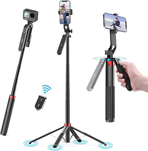 Ulanzi Selfie Stick Quad Trípode de pie con Control Remoto, 360 ° de Rotación de Aluminio Extensible Hasta 180cm, Compatible con Gopro, Teléfono Móvil, IPhone, Samsung, Xiaomi  