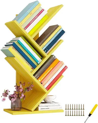 UMENEY Estantería de árbol, Torre de Libros de Madera, Estantería de 5 Estantes, Soporte para Libros, CDs, álbumes, Estante de Almacenamiento de Exhibición para el Hogar (Amarillo)  