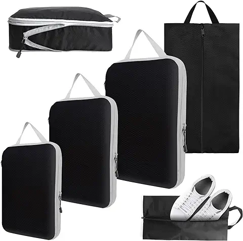 4pcs Organizador de Equipaje, Impermeable Bolsas Organizadoras Maleta Extensible para Viaje/Maquillaje/Ropa, Organizador de Equipaje Compresion Multifuncional con Asas (3 Tamaños/Negro)  