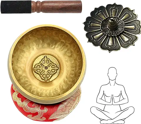 Un Juego de 4 Cuencos Tibetanos de Relajación y Meditación, Cuenco Tibetano de 8 cm Con Mazo De Superficie Doble, Cojín De Seda y Quemador de Incienso, para la Meditación de Atención Plena  