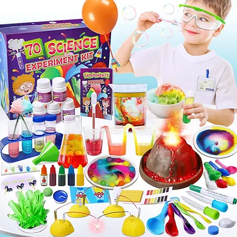 UNGLINGA 70 Experimentos Científicos para +4 Años Niños Años Juegos y Juguetes Educativo Regalo Pequeños Científicos, DIY Erupcción Volcan, Haz Cristales, Circuitos de Frutas  