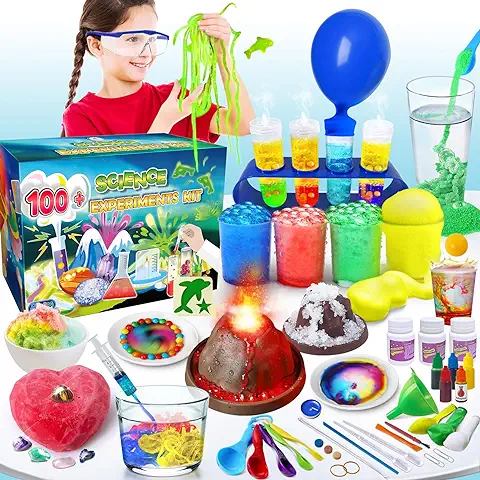 UNGLINGA Kit Científico con 100+ Experimentos para Niños 4-12 Años, Kit de Ciencias Juego de Química, Arena Mágica, Excavación de Piedras Preciosas, Volcán, Gusanos Brillantes, Reacción Efervescente  