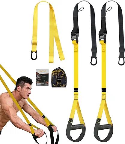 UONNER Kit de Entrenamiento de Suspensión, Sistema de Correa de Entrenamiento, peso Corporal y kit de Resistencia para el Hogar, con asas y Guía de Entrenamiento, Perfecto para Viajar y Hacer Ejercicio en Interiores y Exteriores  