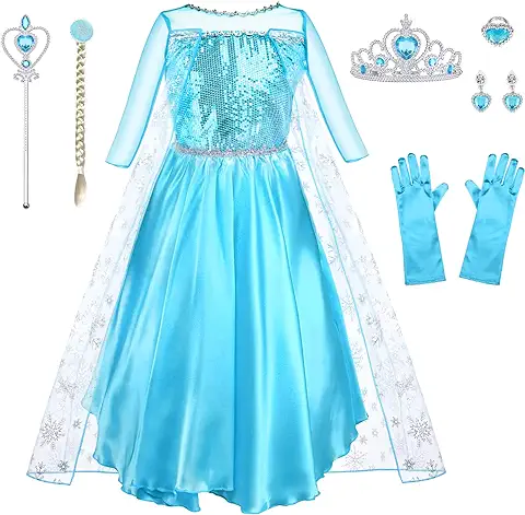 URAQT Disfraz Elsa, Disfraz Princesa Niña con Accesorios de Cosplay, Vestido Princesa Elsa con Capa de Copos de Nieve Brillantes, Disfraz Niña para Halloween Cosplay Cumpleaños Carnaval  