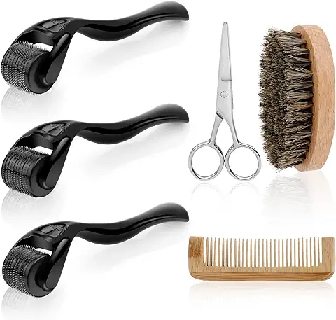 URAQT Kit de Crecimiento de Barba, 6pcs Kit Barba Cuidado para Hombres con 0.5/1/1.5mm Dermaroller Microagujas y Peine, Tijeras, Cepillo para Barba de Estimular Crecimiento de Barba y Vello  