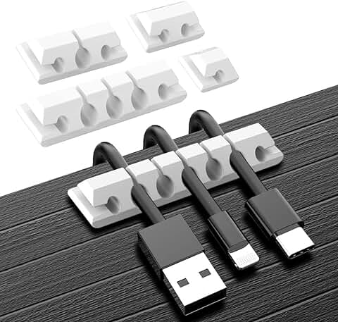 URAQT Organizador Cables Escritorio, 5pcs USB Clips de Cable Duraderos con Autoadhesivo Fuerte, Sujeta Cables Adhesivo, Cable Management para TV PC Laptop Cargador o Ratón Hogar Oficina, Blanco  
