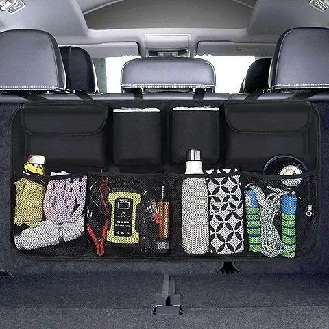 URAQT Organizador Maletero Coche, Bolsas para Maletero del Coche de Malla para Coche con 8 Bolsillos, Correa Ajustable y 3 Cinta de Fijación, Adecuado para SUV, MVP  