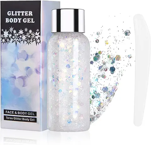 URAQT Purpurina Cara, Purpurina Líquida para Maquillaje Festival, Gel Chunky Glitter Corporal ​para Purpurina Maquillaje, Brillantes para la Cara, Cabello y Cuerpo para Halloween (Blanco)  