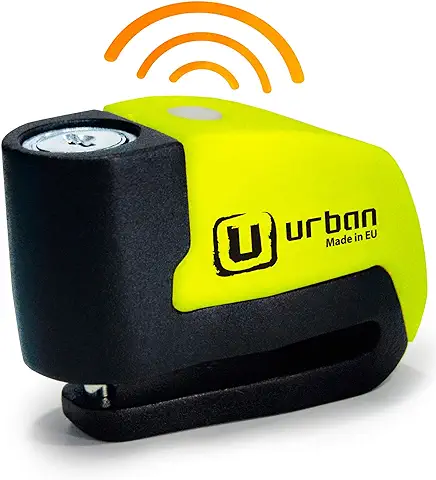 URBAN UR6 Candado Moto Disco Alarma Hi-Tech 120dB ON/OFF, Warning Sensibilidad A+, Remplazable, Pila CR2, Impermeable, Soporte Opcional, Cierre Click, Antirrobo Moto Universal Scooter Bici Eléctrica  