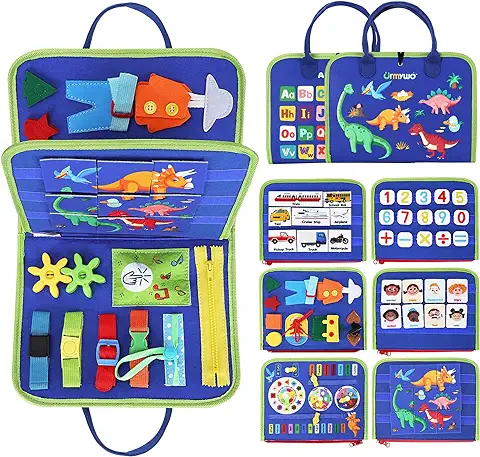 URMYWO Busy Board para Niños Pequeños, Montessori Toy Busy Book Actividades de Aprendizaje Preescolar con Alfabeto Número, Animal Travel Toy Regalos para Avión Coche Habilidades Motoras Azul  