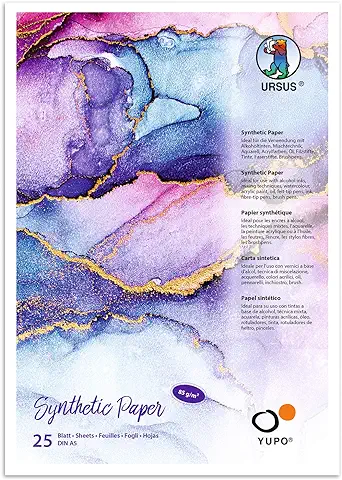 URSUS Yupo-Papel (85 g, DIN A5, 25 Hojas, Sintético, Superficie Lisa, Roturas y al Agua, luz UV, Extremadamente Resistente, 100% Reciclable, Multiuso), Blanco  