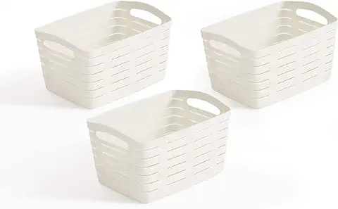 USE FAMILY - Lote 3 Cestas de Almacenaje 7L Blanco - Cestas de Plástico Estilo Bamboo - Bandejas de Almacenamiento Apilables - Caja con Asa - Bandejas Organizer  