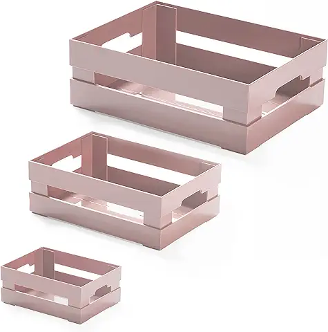 USE FAMILY - Lote 3 Cestas Vintage de Plástico Indira Rosa Pastel - Bandejas de Almacenamiento Apilables - Caja con Asa - Bandejas Organizer - Caja Pequeña, Mediana y Grande  