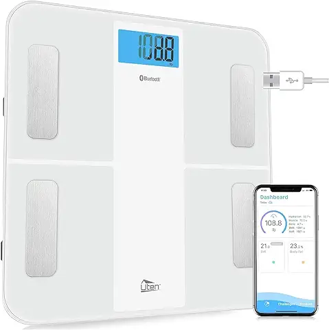 Uten Báscula de Baño Inteligente Recargable Báscula de Grasa Corporal con Analizador de Cuerpo Para Medición del Peso Corporal, Grasa Corporal,etc, 28st/180kg, para Andriod y iOS, Bluetooth,Blanco  