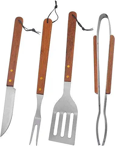 Utensilios Barbacoa, Kit Barbacoa, Set de 4 Utensilios para Barbacoa, Kit de Accesorios para Barbacoa de Acero Inoxidable con Mango de Madera para Regalos Hombre Camping Barbacoa  