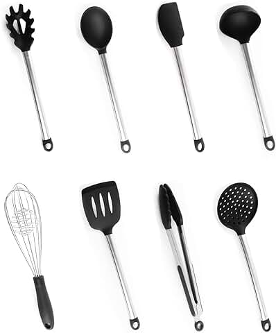 Utensilios Cocina Silicona, Bi-Komfort 8 Pcs Cocina Accesorios; Incluyen Pinzas Cocina, Tenedor Pasta, Batidor, Turner Ranurado, Cuchara para Servir, Cucharón Sopa, Colador y Espátula Flexible  